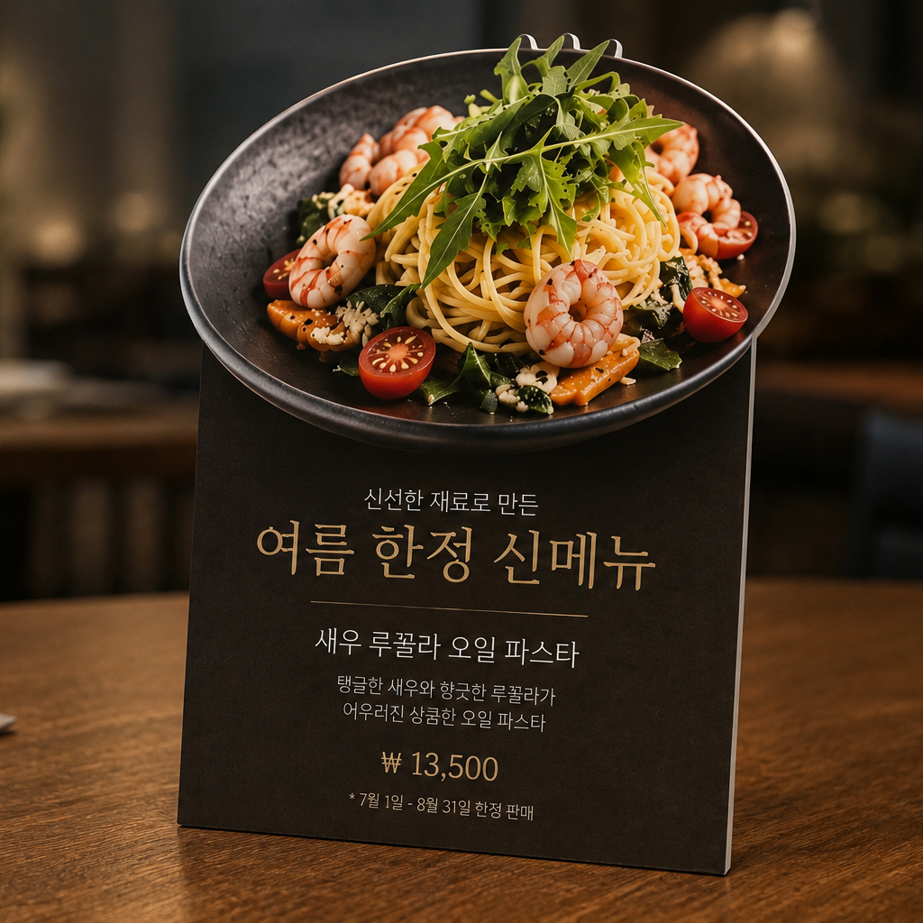 음식 메뉴와 홍보 문구를 실사출력하여 제작한 탁상용 미니 등신대